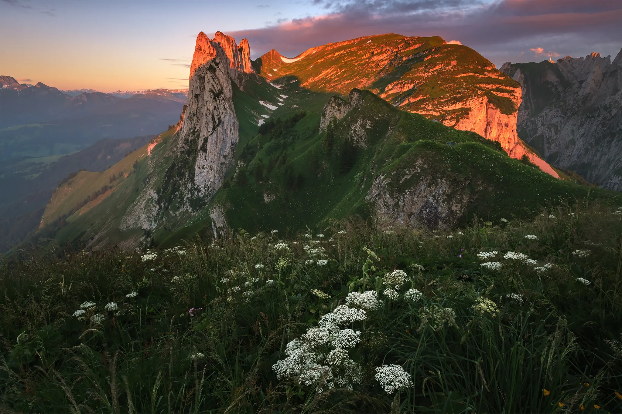 A sunrise view of the impressive mountains in Appenzell, Switzerland