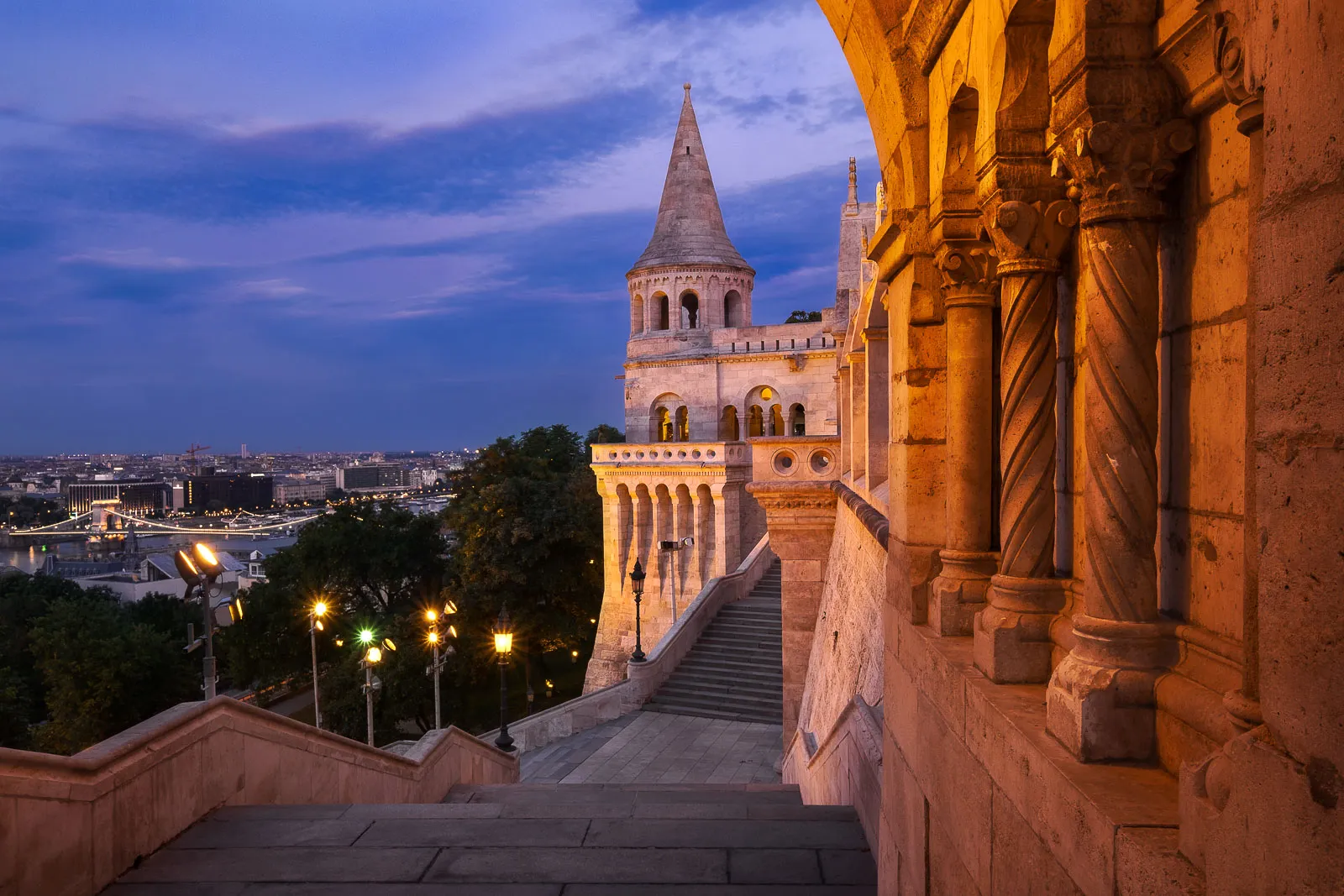 Blue Hour at Fisherman’s Bastion in Budapest. This fairy tale construction stands on the Buda side of the city overlooking the Danube.