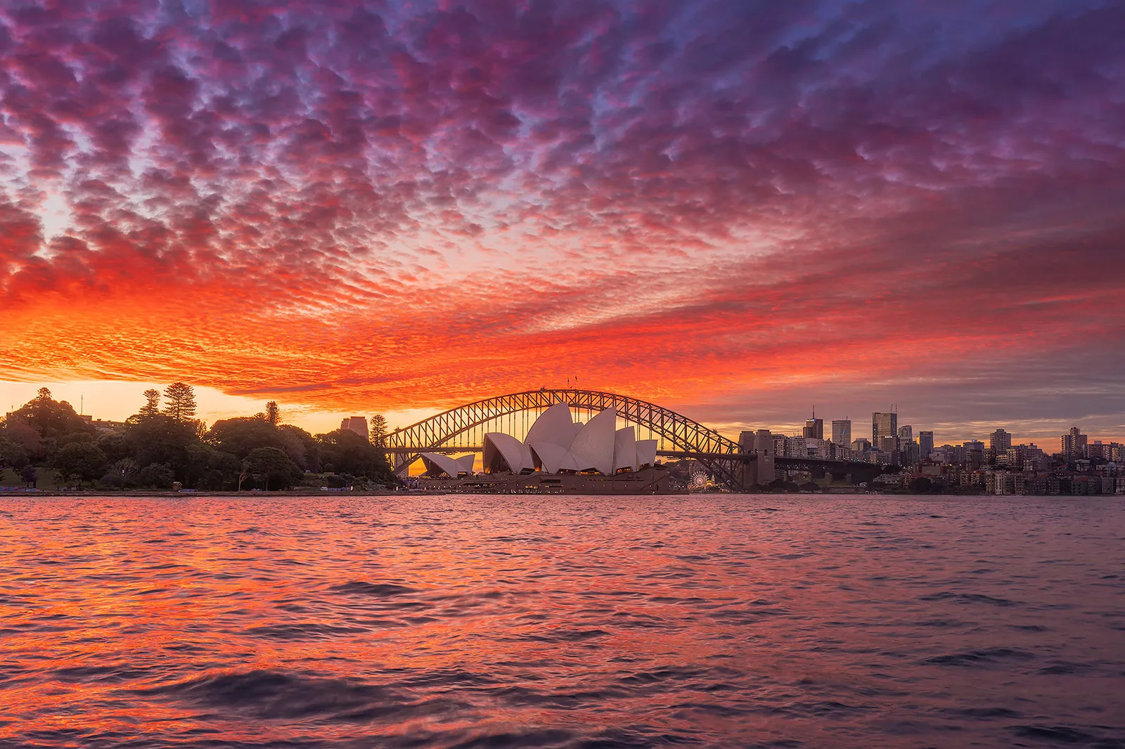 One of the most colorful sunset above The Sydney Opera House and The Harbour Bridge behind it. These two are the most iconic constructions of Australia.