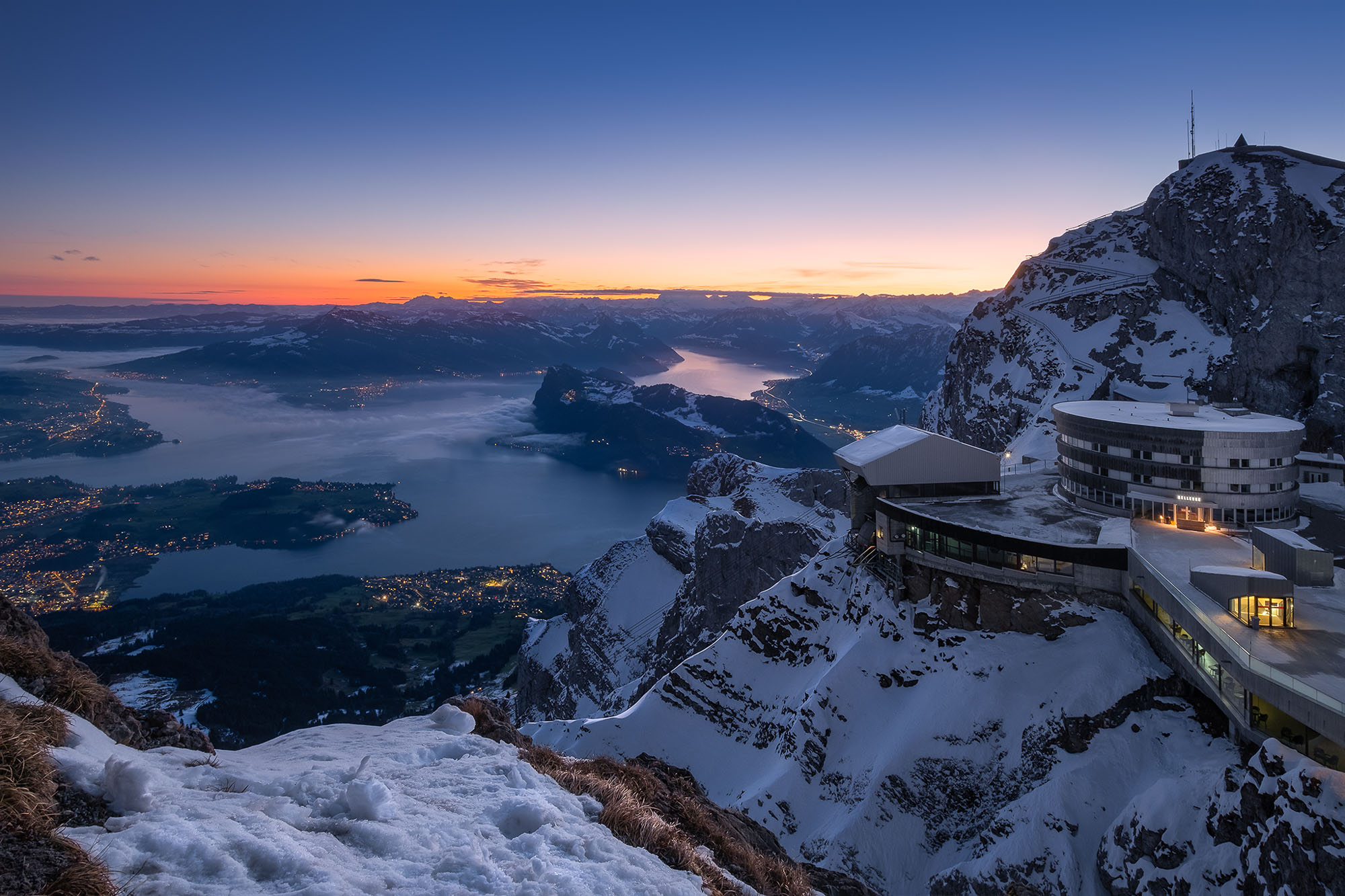 Dawn view of Lucerne from the top of Pilatus, Switzerland