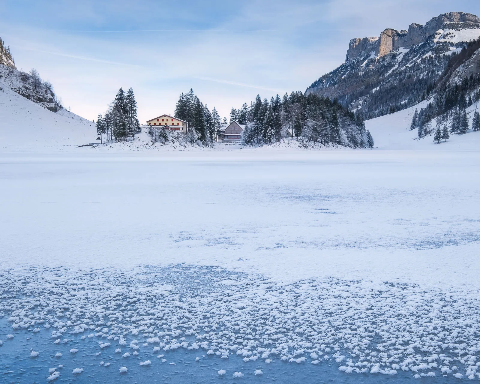 Frozen Seealpsee Lake in Appenzell, Switzerland