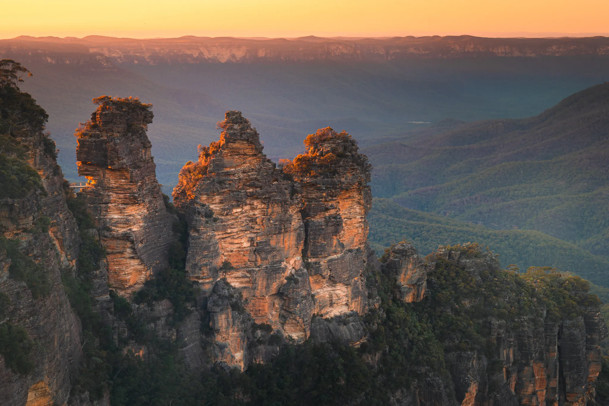 The Three Sisters rock formation in the Blue Mountains National Park, Australia at sunrise