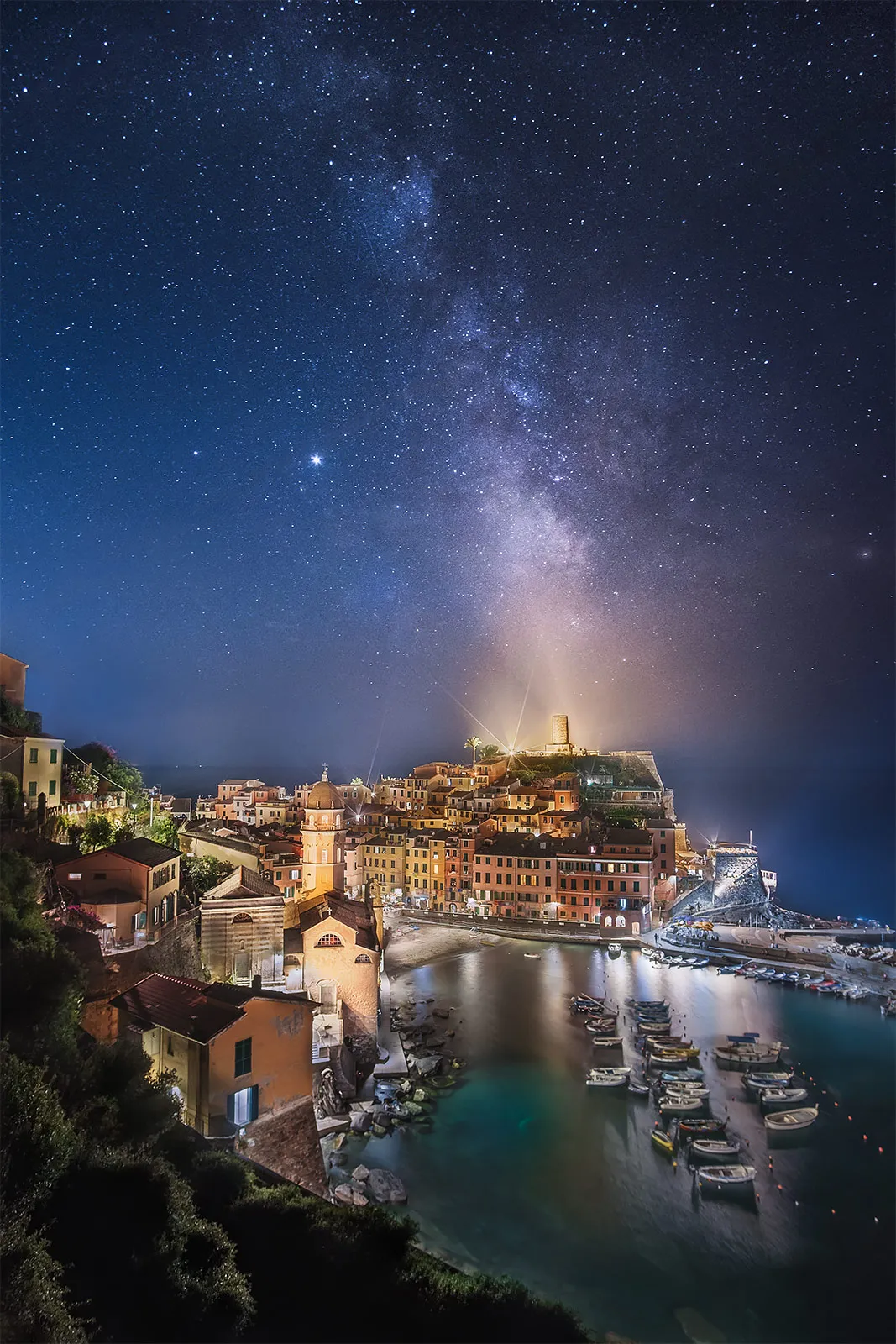 Milky Way rising above Vernazza, Cinque Terre in Italy.