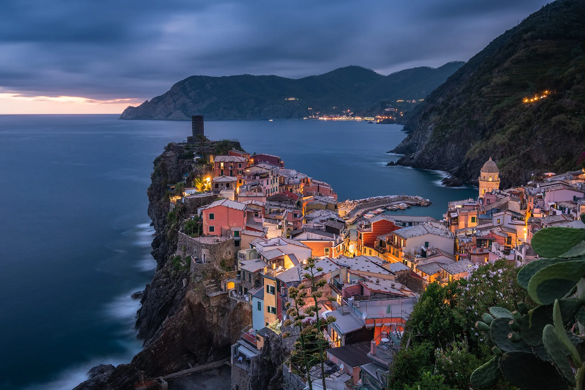 Another classic view of Vernazza at blue hour when the town is starting to light up