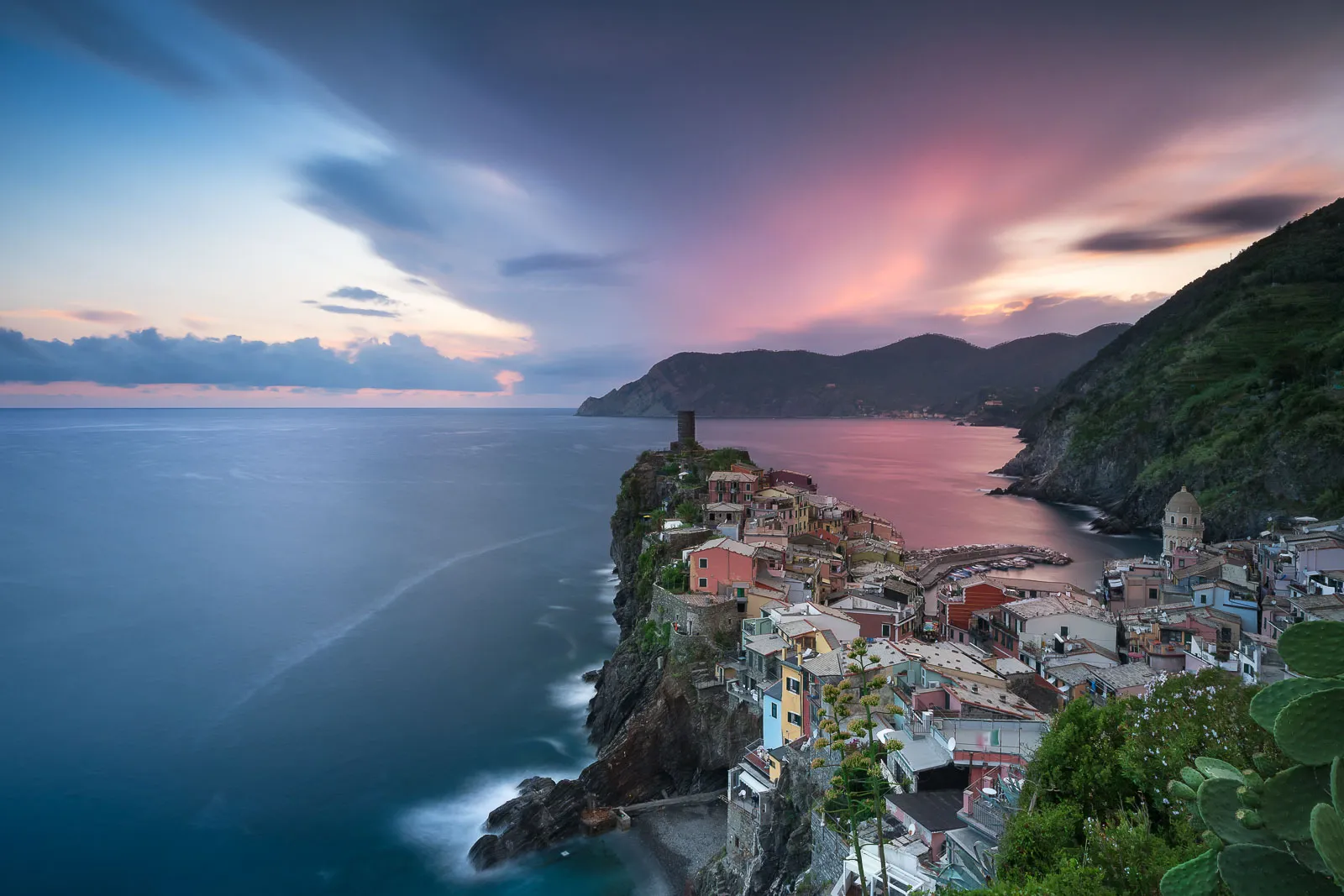 The classic view of Vernazza, Cinque Terre after sunset